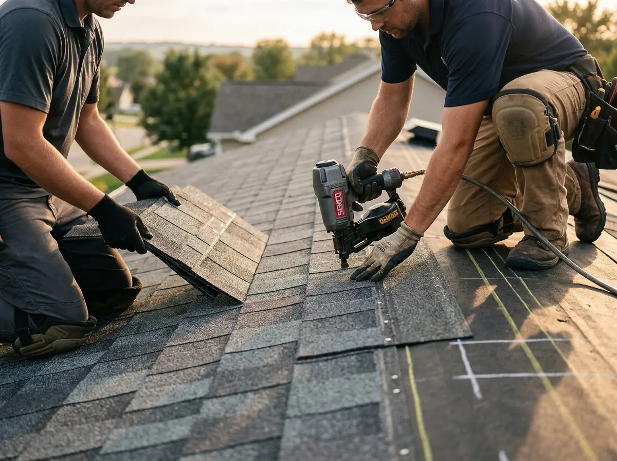 Professional roofer working on a residential roof in Sand Springs